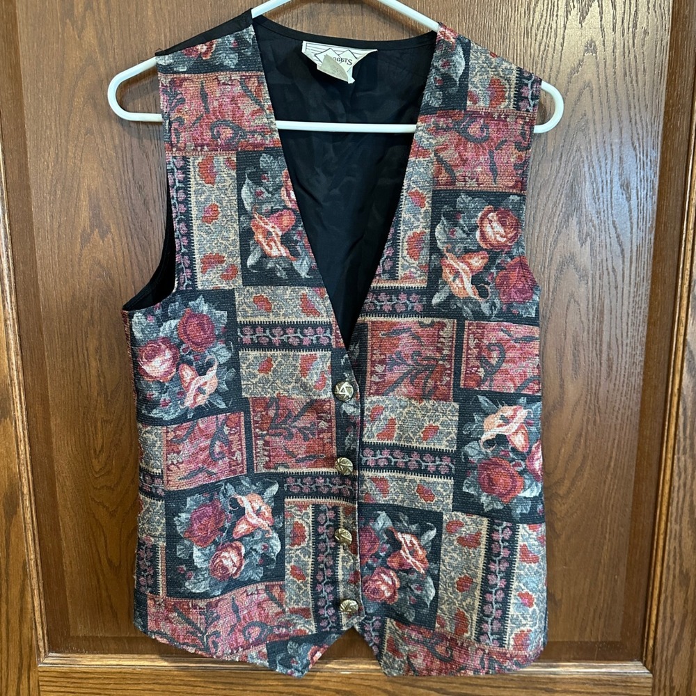 Vintage 90s Tapestry Rose Floral Patchwork Vest Medium Boho‎ Cottagecore